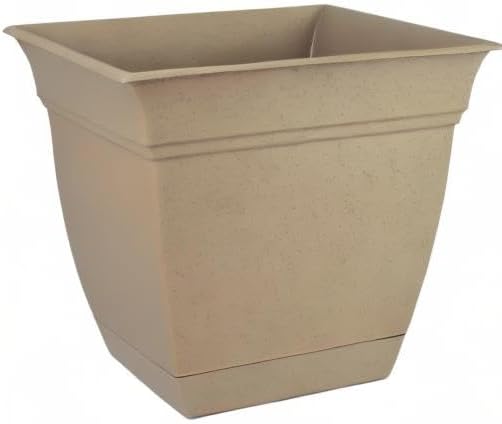 The HC Companies 8 Inch Eclipse Square Planter with Saucer – Indoor Outdoor Plant Pot for Flowers Vegetables Herbs, Sandstone