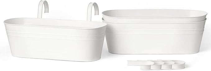 Dahey 3 Pcs Metal Iron Hanging Flower Pots for Railing Fence 15.7 Inch Hanging Bucket Pots Countryside Style Window Flower Plant Holder with Detachable Hooks for Garden Yard Home Decor, White