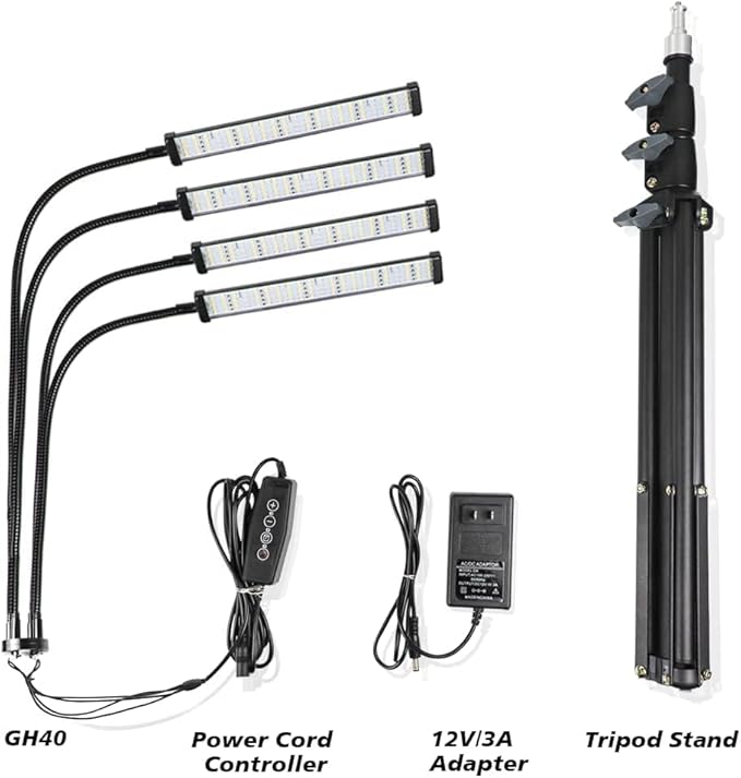 Grow Light with Stand, 200W 6000K Full Spectrum Gooseneck Floor Plant Light for Indoor Plants Growing,5 Dimmable Levels & Auto On/Off Timer, Tripod Stand Adjustable 15-48 in