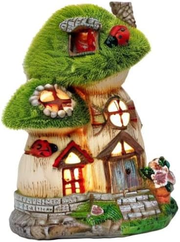 TERESA'S COLLECTIONS Mushroom Garden Statues with Outdoor Solar Light, Green Flocked Christmas Decorations for Home, Resin Fairy House Accessories Outdoor Decor Yard Thanksgiving Gifts for Mom, 7.7“