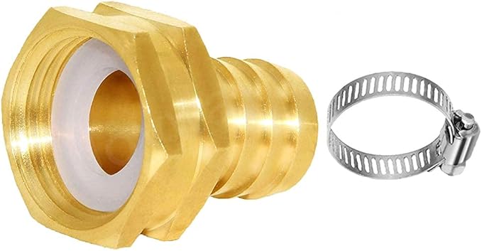 Joywayus 3/4" Barb x 3/4" Female GHT Thread Swivel Hex Brass Garden Water Hose Pipe Connector Copper Fitting with Stainless Clamp House/Boat/Lawn/Power Wash/Irrigation