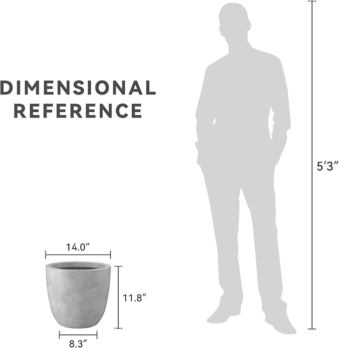 Kante 14 Inch Dia Round Concrete Planter, Indoor Outdoor Large Plant Pot with Drainage Hole and Rubber Plug for Home Patio Garden, Gray Concrete