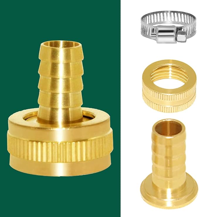 Joywayus 5/8" Barb x 3/4" Female GHT Thread Swivel Round Brass Garden Water Hose Pipe Connector Copper Fitting with Stainless Clamp House/Boat/Lawn/Power Wash/Irrigation