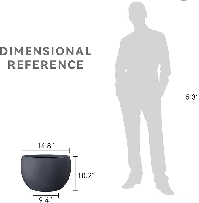 Kante 15.7" Dia Round Concrete Planter, Outdoor/Indoor Large Bowl Plant Pots with Drainage Hole and Rubber Plug for Garden Patio Balcony Home, Charcoal