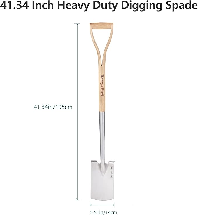 Berry&Bird Garden Digging Spade, 41" Stainless Steel Square Border Spade, Heavy Duty European Shovel with D-Grip Handle, Traditional English Style Flat Shovel for Digging, Yard Work, Transplanting