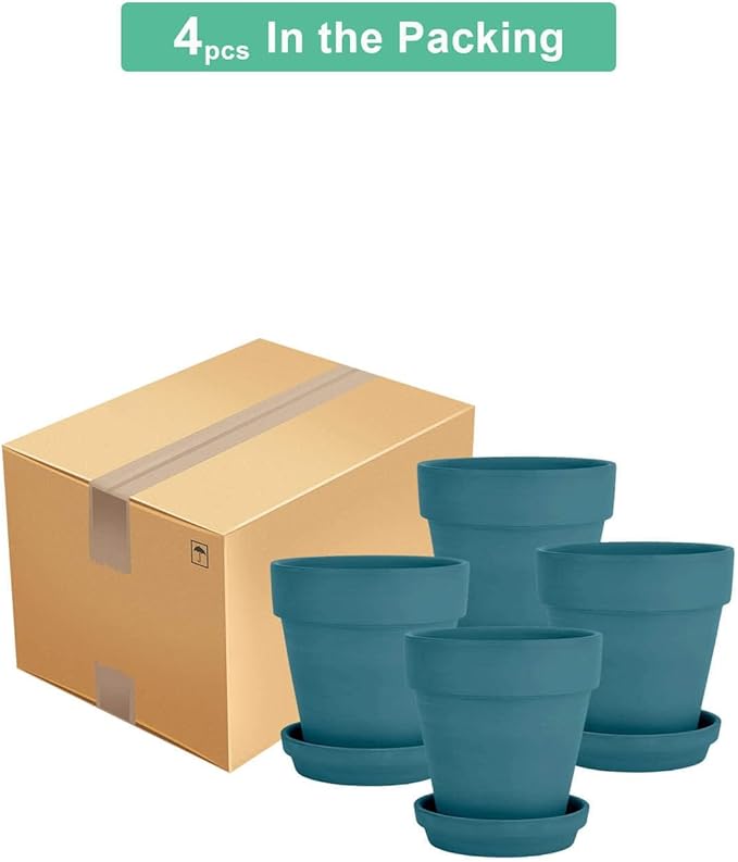 vensovo 6 Inch Steel Blue Terracotta & Clay Pots for Plant with Saucer - 4 Pack Medium Terra Cotta Planter with Drainage Hole, Flowerpot for Indoor Outdoor Plants, Crafts, Wedding Favor