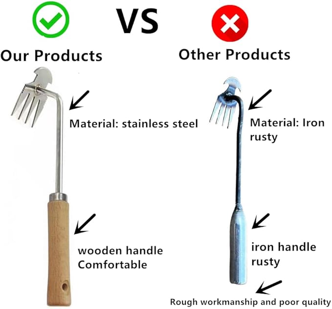 Weed Removal Tool, 2025 New Garden Weeding Tools Manganese Steel Hand Weeder Tool with Handle, 4 Teethes Dual Purpose Manual Weeders Tool Weed Pulling Tool for Garden (Wooden Handle)