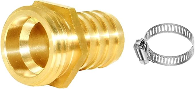 Joywayus 5/8" Barb x 3/4" Male GHT Thread Hex Brass Garden Water Hose Pipe Connector Copper Fitting with Stainless Clamp House/Boat/Lawn/Power Wash/Irrigation