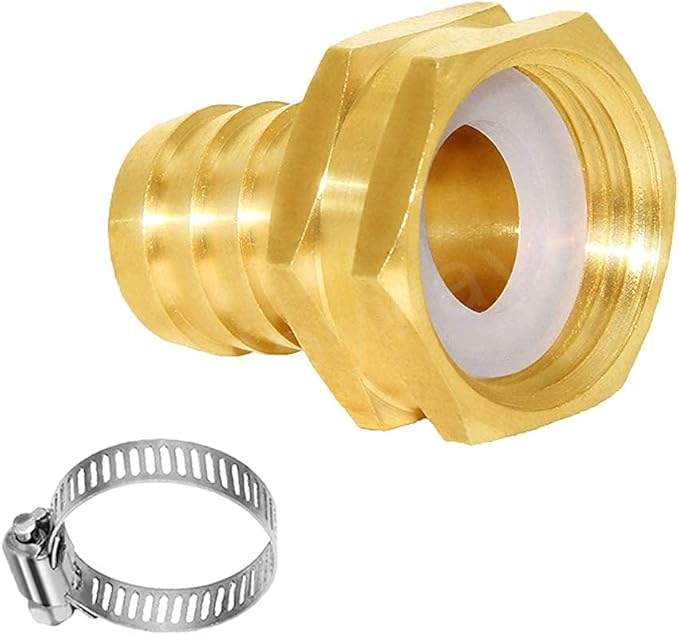 Joywayus 5/8" Barb x 3/4" Female GHT Thread Swivel Hex Brass Garden Water Hose Pipe Connector Copper Fitting with Stainless Clamp House/Boat/Lawn/Power Wash/Irrigation
