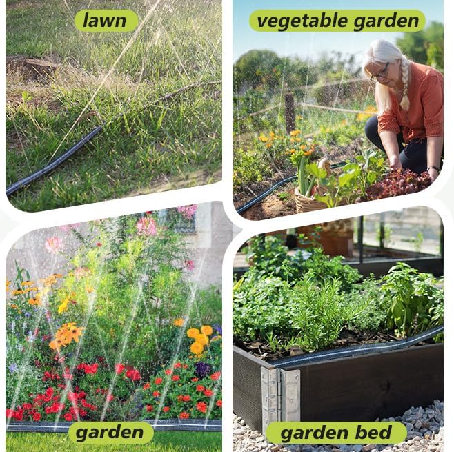 2-Pack Sprinkler Hose with Holes 15 Ft, Flat Soaker Hose 30 ft with Garden Staples, Drip Irrigation Hoses for Lawn, Watering Hose System (Black, 30 ft(15ftx2pack))