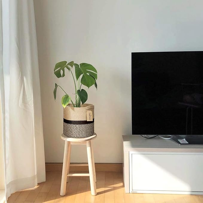 TIMEYARD Sturdy Jute Rope Plant Basket Modern Woven Basket up to 7.5 Inch Flower Pot Floor Indoor Planters, 8” x 8” Storage Organizer Basket Rustic Home Decor, Black Stripes