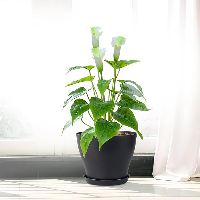 6 inch Plastic Nursery Pots, Seedling Pots, 16 Pack Plant Pots for Small Indoor Outdoor Plants, Flower Pots with Drainage Holes and Saucers, Decorative Planters for House Plants, Black