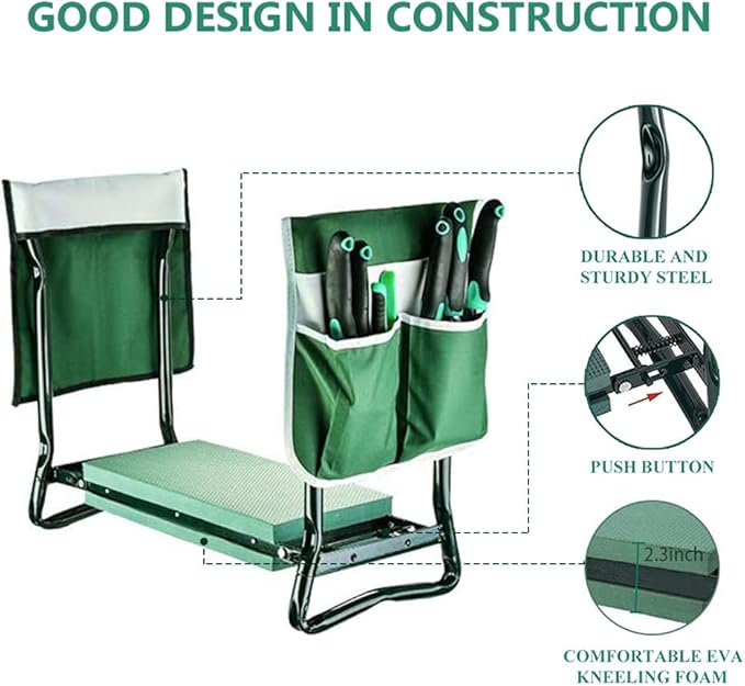 BESTHLS Garden Kneeler and Seat Upgraded Sturdy Garden Folding Bench with 2 Portable Large Tool Pockets and Garden Gloves Soft EVA Foam Pad for Gardening Lovers