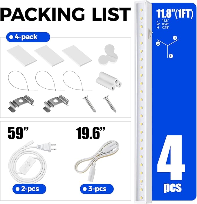 Barrina Grow Lights for Indoor Plants, 5000K White Full Spectrum Grow Light, 1ft Plant Growing Lamp, T5 Grow Light Strip, Plug and Play, 4-Pack