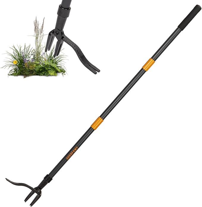 DEERFAMY Stand Up Weed Puller Tool with Long Handle, Garden Weeder Tool with 4-Claw Steel Head Design, Manual Weeder with 3-Metal Structure, Effortless Weeding Without Bending, for Dandelions, Orange