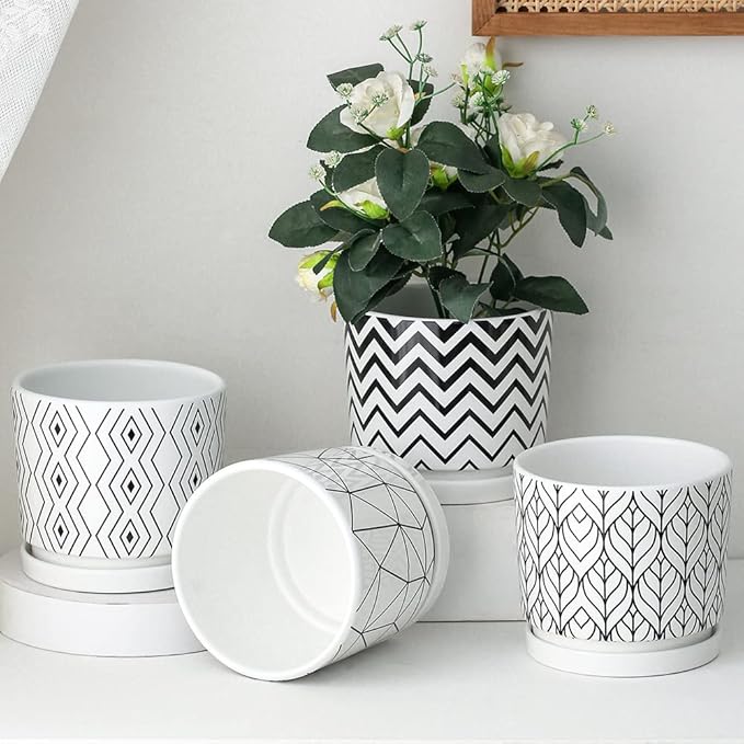 Ton Sin Plant Pots,5.5 Inch White Pots for Indoor Plants with Drainage Holes,Cylinder Flower Pot Ceramic Planters with Saucer,Cactus Succulent Outdoor Garden Pots Set of 4