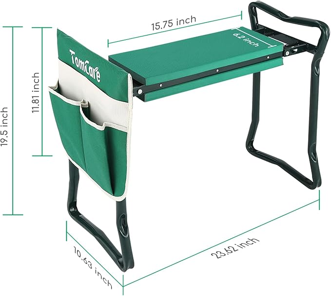 TomCare Garden Kneeler Seat Garden Bench Garden Stools Foldable Stool with Tool Bag Pouch EVA Foam Pad Outdoor Portable Kneeler for Gardening(Large-21.65" x 10.62" x 18.89", Green)