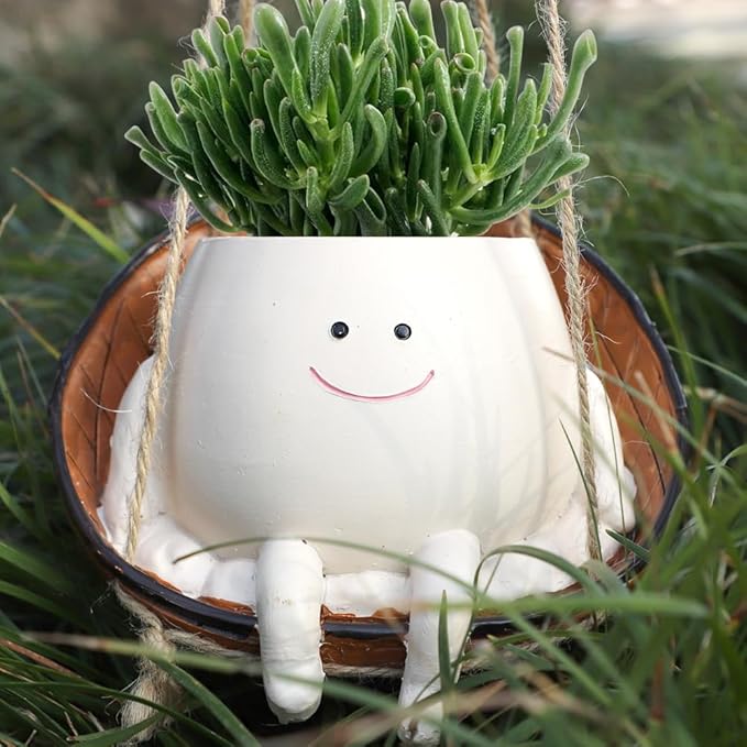 Small Swing Face Hanging Planter Pot for Indoor Outdoor Plants, Cute Swinging Plant Pot, Hanging Flower Pots, Face Planter Pot Head, Valentines Day Gifts for Her(Swing Basket)