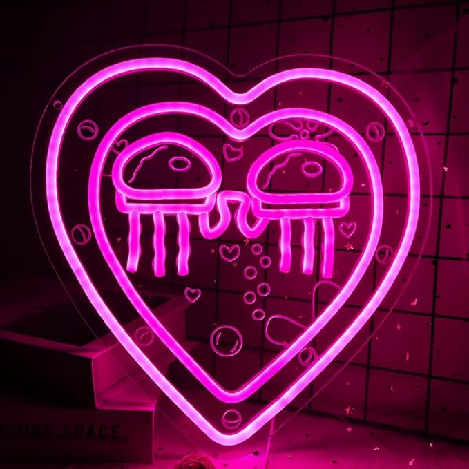 Jellyfish Neon Sign Ocean World Porthole Neon Lights Cartoon Sea World Led Neon Night Light Pink Heart Neon Sign for Wall Decor Bedroom Birthday Gifts for Kids USB Powered,Size13.5 * 12.5inch(JWD027)