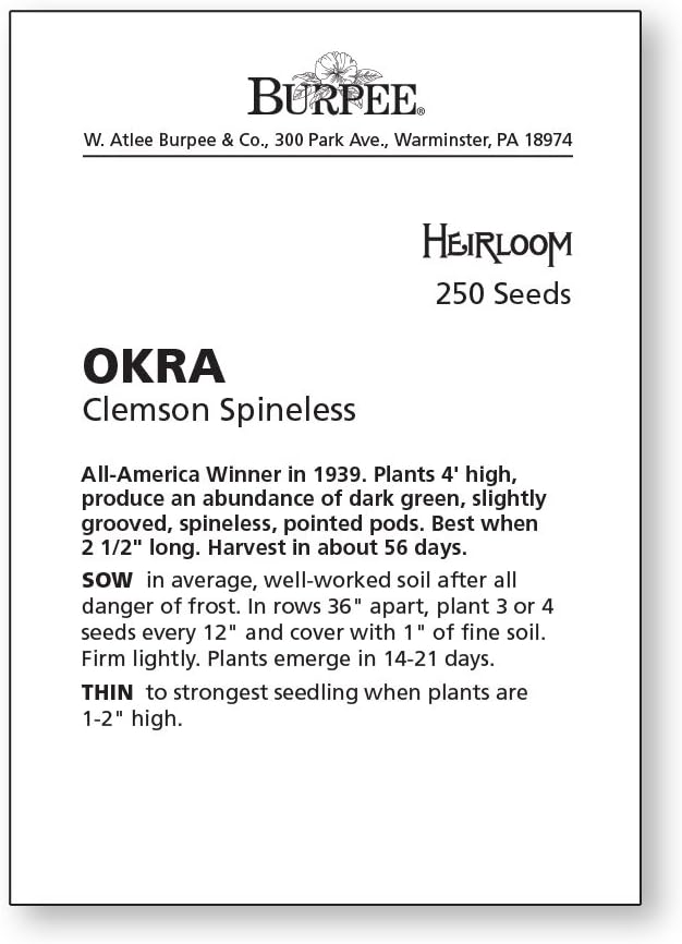 Burpee Clemson Spineless Okra Seeds 250 seeds