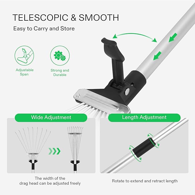 VIVOSUN 2-Pack Leaf Rake Set, Adjustable Garden Camping Rake Includes 15-Tine 64'' Rake and 9-Tine 30'' Rake, Metal Rake with Collapsing Tines and Telescopic Handle for Garden Lawn Yard Cleaning
