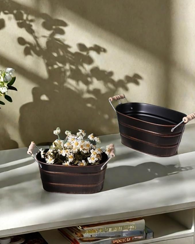 Galvanized Oval Planter Tubs for Outdoor Plants - Farmhouse Small Metal Tin Buckets with Drain Hole & Rubber Plug Medium Plant Containers with Handles Vintage Style for Decor, Set of 3 (Black)