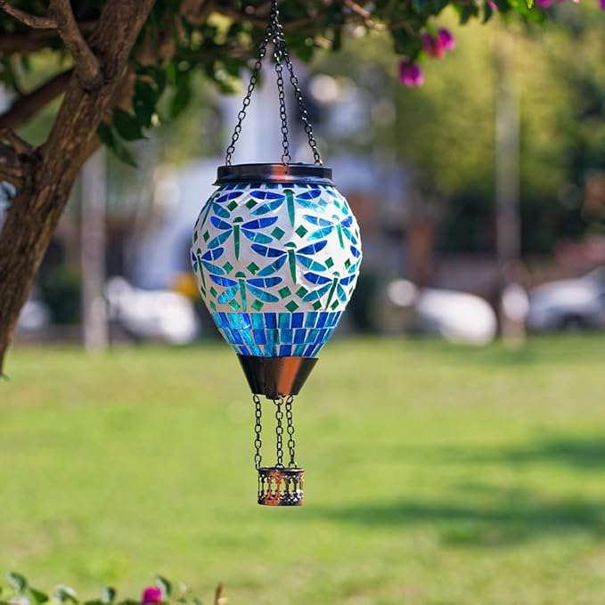 Starsoul Mosaic Dragonfly Hot Air Balloon Solar Lantern Glass Outdoor Hanging Hot Air Balloon Solar Flickering Flame Light Waterproof Garden Patio Yard Party Decorations