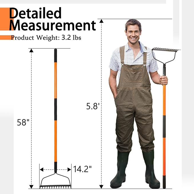 Garden Rake for Gardening, 14 Tines Garden Rake with Thick Fiberglass Handle, Heavy Duty Garden Rake for Lawns, 58 Inches