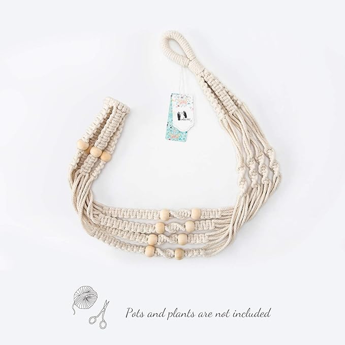 Mkono Macrame Plant Hanger Indoor Hanging Planter Basket with Wood Beads Decorative Flower Pot Holder No Tassels for Indoor Outdoor Boho Home Decor 35 Inch, Ivory, Set of 2 (POTS NOT Included)