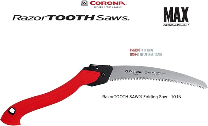 Corona Tools 10-Inch RazorTOOTH Folding Pruning Designed for Single Use | Curved Blade Hand Saw | Cuts Branches Up to 6" in Diameter | RS16150, Red