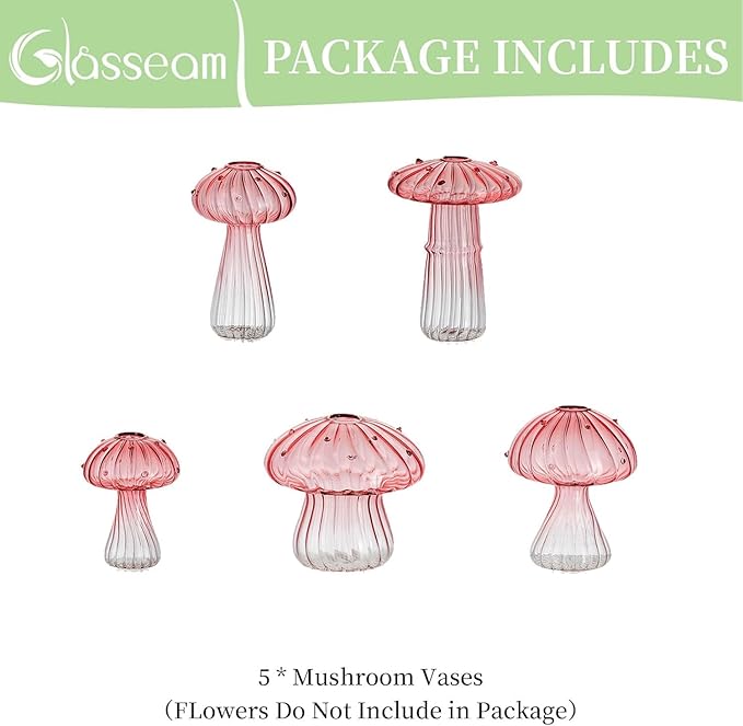 Glasseam Mushroom Plant Propagation Stations: Pink Glass Terrarium Jar Set of 5 Cute Planters for Indoor Plants Decorative Propagate Vase Unique Gifts for Women Home Office Decor