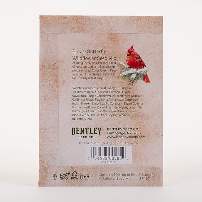 Bentley Holiday Christmas Snowy Cardinal Gift Tags with Non-GMO, Non-Coated Bird & Butterfly Pollinator Wildflower Seeds, 25 Packets