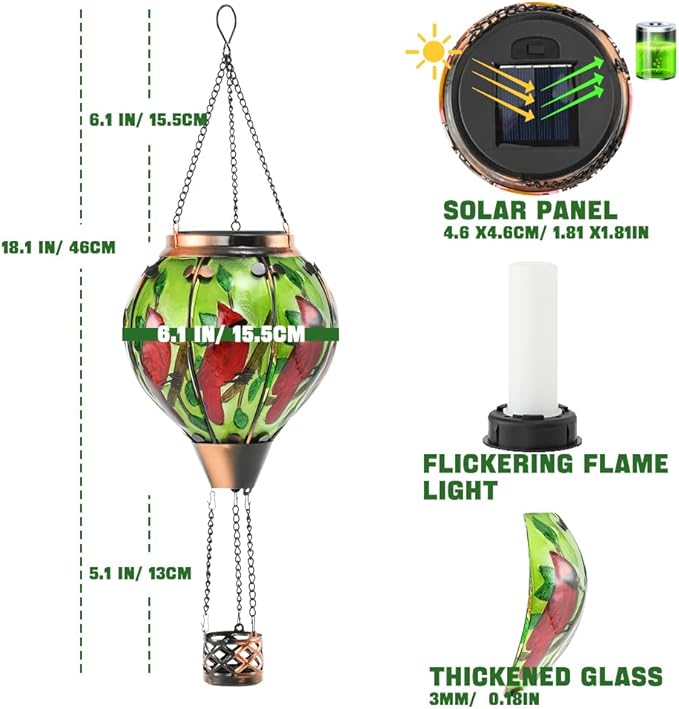 Hot Air Balloon Solar Lantern - Cardinal Bird Glass Lantern with Simulated Flickering Flame, Outdoor Hanging Yard Light Waterproof IP65 & Weather Resistant for Garden Patio Lawn Porch Decor Gfit