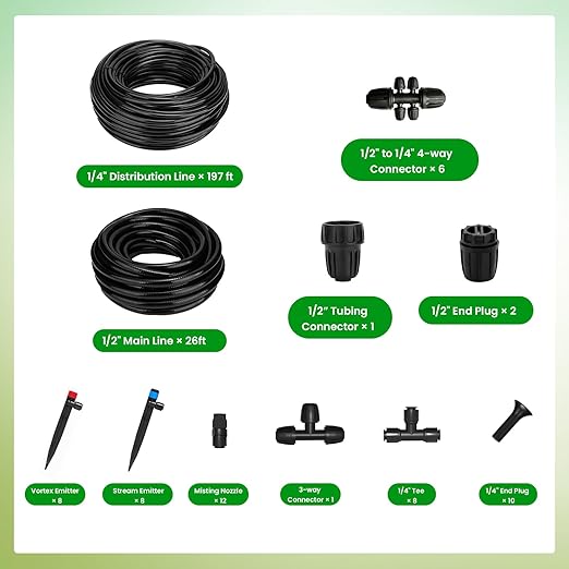 223FT Drip Irrigation Kit, Drip Irrigation System Kit with Adjustable Misting Nozzle Sprinkler, Tubing and Connectors, Watering for Garden, Flower Beds, and Potted Plants