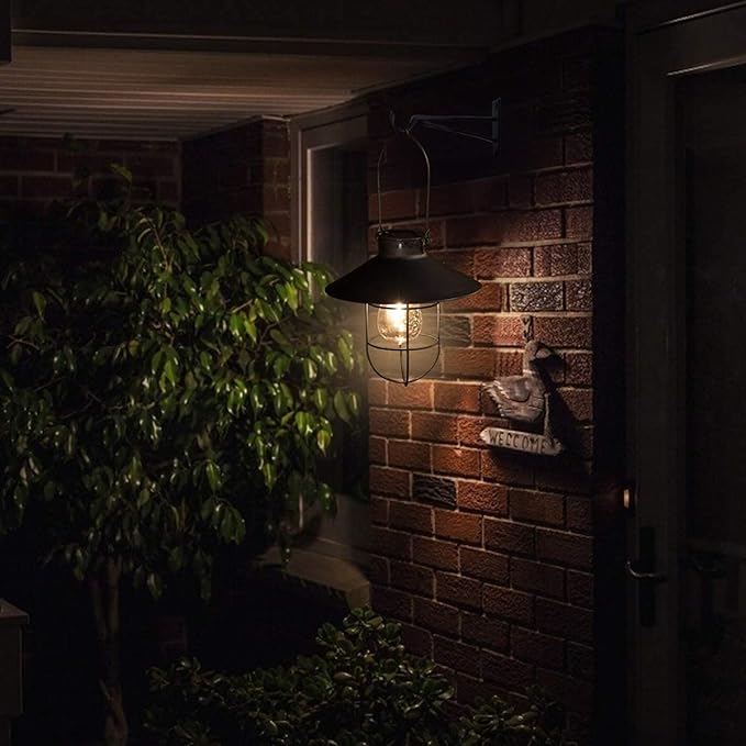 pearlstar Solar Lantern Outdoor Hanging Light Metal Solar Lamp with Warm White Edison Bulb Design for Garden Yard Patio Proch Decor(Black)