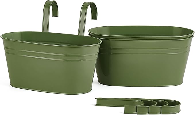Dahey Metal Iron Hanging Flower Pots for Railing Fence Hanging Bucket Pots Countryside Style Outdoor Planter Window Flower Plant Holder with Detachable Hooks Home Decor,Green,3 Pcs