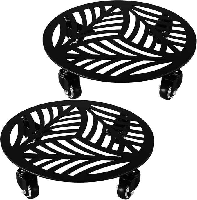 2 Packs Large Metal Plant Caddy with Wheels 14” Heavy-Duty Wrought Iron Rolling Plant Stands with Casters Indoor and Outdoor Plant Pot Roller Base Plant Saucer Movers Black