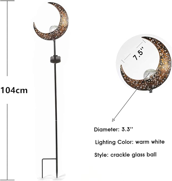 SunKite 1 Pack Garden Solar Light Outdoor Metal Moon Shape Lamp with Waterproof Crackle Glass Globe for Garden,Lawn,Patio,Pathway or Courtyard