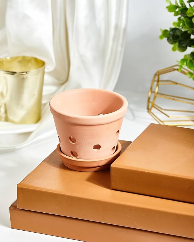 vensovo 4 Inch Terracotta Orchid Pots with Holes and Saucers - 6 Pcs Small Clay Planters for Repotting, Terra Cotta Pot for Plants Indoor and Outdoor Promotes Air Circulation