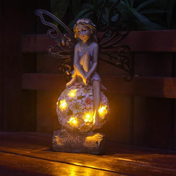 Flower Fairy Garden Decor,Garden Fairy Statues Outdoor,Solar Powered Outdoor Fairy Figurine Accessories,Patio Lawn Yard Porch, Resin Ornaments for Outside Gifts,9.45 Inches Tall