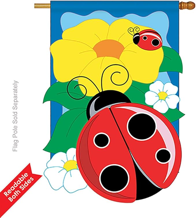 Two Group - Ladybug Garden Friends - Everyday Bugs & Frogs Applique Decorative Vertical House Flag 28" x 44"