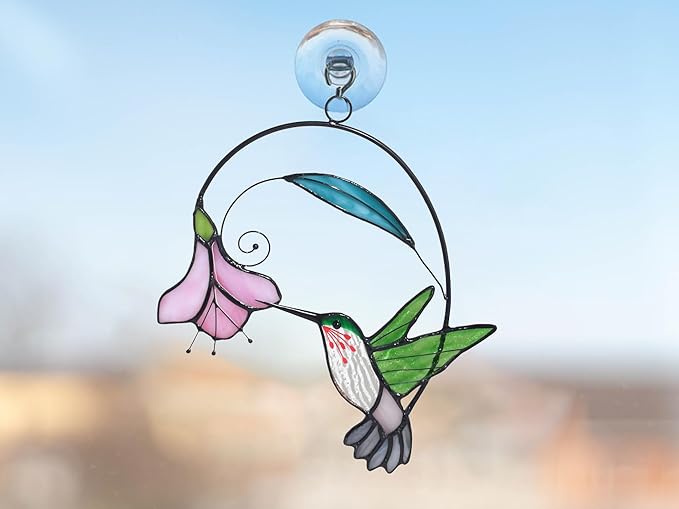 Lolitarcrafts Stained Glass Hummingbird Window Hangings with Flowers, Bird Stained Glass Suncatcher for Window Decor Hummingbird Gifts for Mom,Bird Lovers (Green with Flower A)