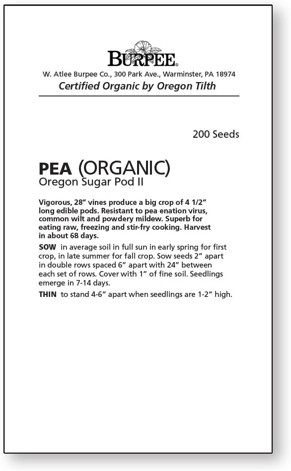 Burpee Oregon Sugar Pod II (Organic) Pea Seeds 200 seeds