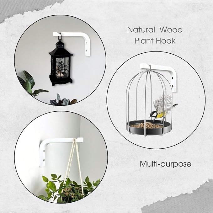 2-Piece Set of Plant Hooks for Wall 6 inch - Mounted Wooden Plant Hook - Indoor and Outdoor Bracket Plant Hanger for Planters, Lanterns, Bird Feeders, Patio Decorations (White)