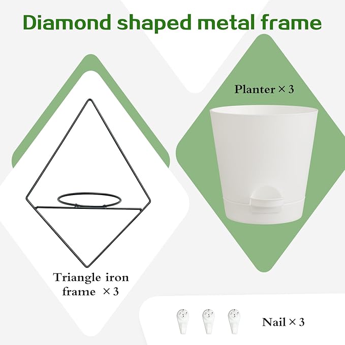 3 Sets of Wall Planters for Indoor Plants, Hanging Wall Planter with Black Metal Holder, Geometric Self Watering Wall Flower Pots, Wall Mounted Succulent Planter, 5" White Plant Pot