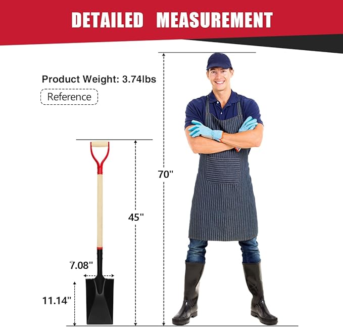 Spade Shovel for Digging, Heavy Duty Spade Shovel with Wooden D-Handle, Square Flat Shovel for Gardening and Edging, 45 Inches