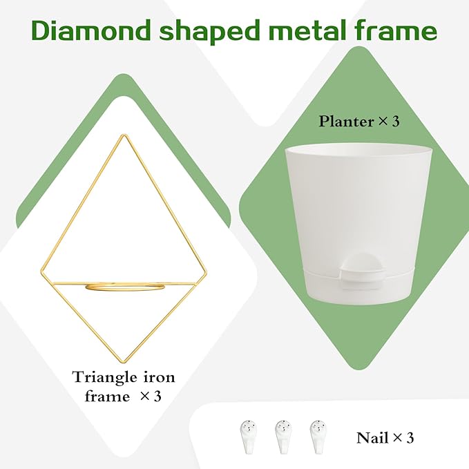 3 Sets of Wall Planters for Indoor Plants, Hanging Wall Planter with Gold Metal Holder, Geometric Self Watering Wall Flower Pots, Wall Mounted Succulent Planter, 5" White Plant Pot