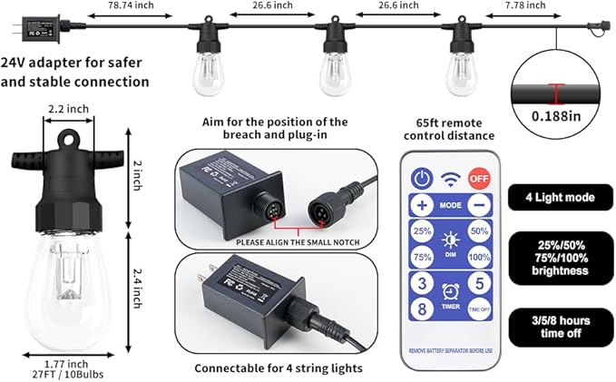 LED Outdoor String Lights 27FT,Patio lLights with 10 Dimmable Bulbs,IP66 Waterproof Shatterproof, with Remote Control,2700k Outside Hanging Lights for Backyard Porch Garden Decoration