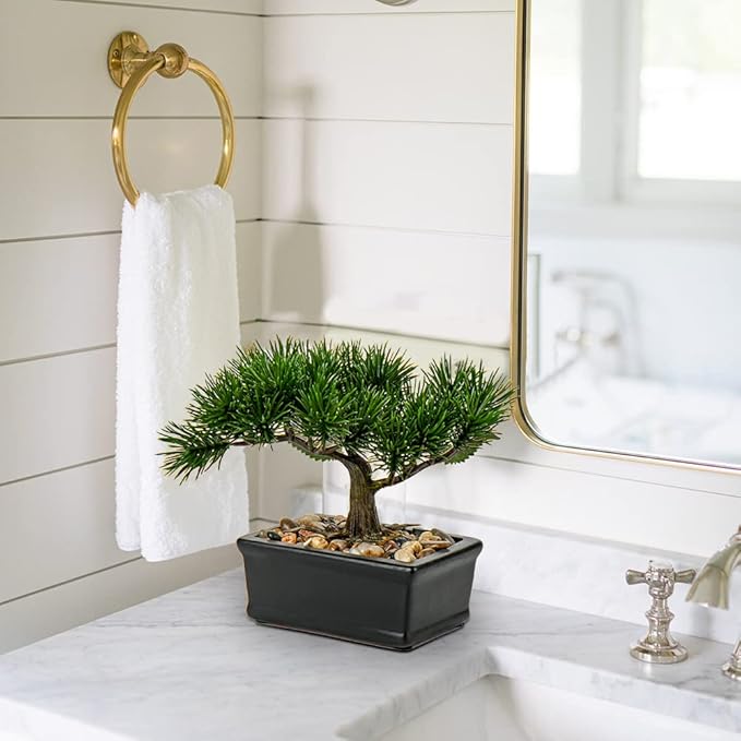 DILATATA Fake Bonsai Tree Zen Juniper Bonsai Plant 6.5” Tall Artificial Bonsai Trees with Black Ceramic Pot Decorated with Pebbles Desk Plant Indoor Bonsai for Home Office Decor