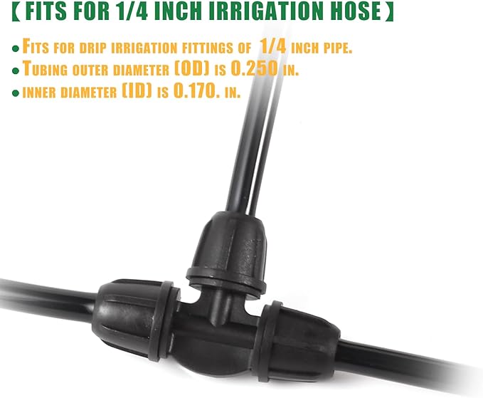 1/4 inch Drip Irrigation Fittings, Lock Barbed Tee for ¼ in. Tubing; Tubing Outside Diameter (OD) is 0.250 in., Internal Diameter (ID) is 0.170. in.(25Pcs/Pack) (Black-3Way)